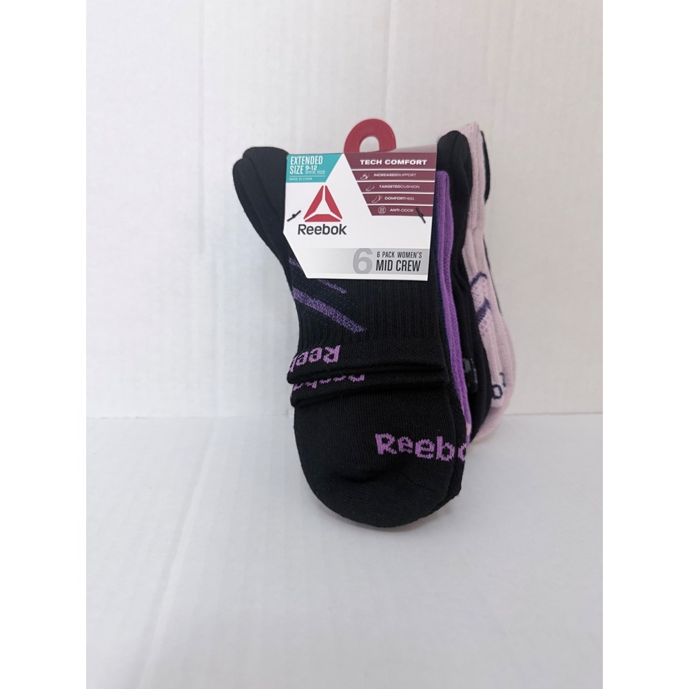 Reebok Womens Tech Comfort Mid Crew Socks 12 Pack Extended Size 9-12 Black Pink - Picture 2 of 6